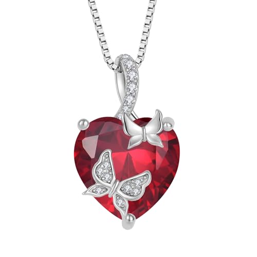 FJ Schmetterling Kette Damen 925 Sterling Silber Rubin Kette Juli Geburtsstein Halskette Herz Anhänger Schmuck Geschenke für Frauen Mutter Freundin Mama von FJ