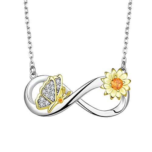 FJ Schmetterling Kette Damen 925 Sterling Silber Unendlichkeit Infinity Halskette Anhänger Sonnenblume Kette Schmuck Geschenke für Frauen Mädchen von FJ