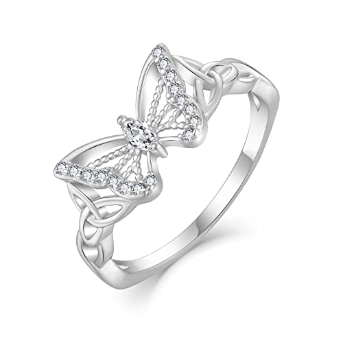 FJ Schmetterling Ring Damen 925 Sterling Silber Keltischer Knoten Ring mit Zirkonia Schmetterling Schmuck Geschenke für Frauen (Größe 50) von FJ