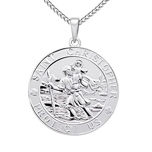 FJ Heiliger Christophorus Kette Herren Damen 925 Sterling Silber Heiliger Christophorus Anhänger Halskette St Christopher Schmuck für Frauen Männer 24" Kette (Runde) von FJ