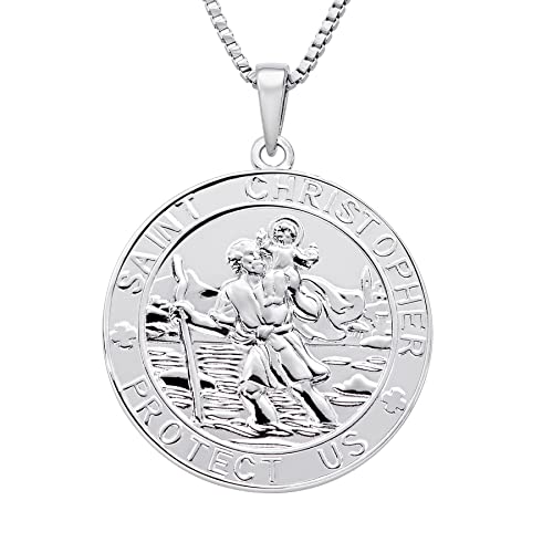 FJ Heiliger Christophorus Kette Damen Herren 925 Sterling Silber Heiliger Christophorus Anhänger Halskette St Christopher Schmuck für Frauen Männer 20" Kette (Runde) von FJ