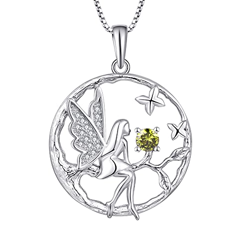 FJ Schutzengel Halskette Anhänger 925 Sterling Silber Engel Kette Damen Fee Schmetterling Baum des Lebens Halskette Peridot August Geburtsstein Kette Schmuck Geschenke für Frauen Mädchen von FJ