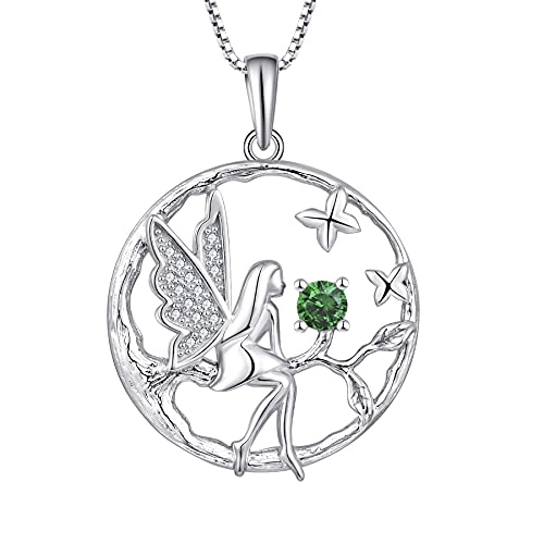 FJ Schutzengel Halskette Anhänger 925 Sterling Silber Engel Kette Damen Fee Schmetterling Baum des Lebens Halskette Smaragd Mai Geburtsstein Kette Schmuck Geschenke für Frauen Mädchen von FJ