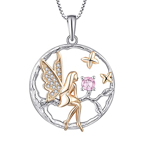 FJ Schutzengel Halskette Anhänger 925 Sterling Silber Engel Kette Damen Fee Schmetterling Baum des Lebens Halskette Oktober Rosa Turmalin Geburtsstein Kette Schmuck Geschenke für Frauen Mädchen von FJ