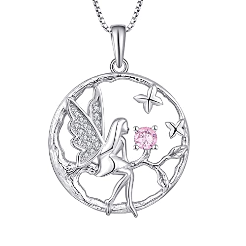 FJ Schutzengel Halskette Anhänger 925 Sterling Silber Engel Kette Damen Fee Schmetterling Baum des Lebens Halskette Oktober Rosa Turmalin Geburtsstein Kette Schmuck Geschenke für Frauen Mädchen von FJ