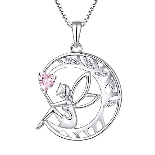 FJ Schutzengel Halskette Damen 925 Sterling Silber Baum des Lebens Kette Anhänger Engel Fee Mond Halskette mit Rosa Turmalin Oktober Geburtsstein Schmuck Geschenke für Frauen Mädchen von FJ