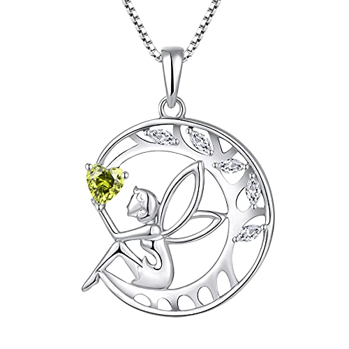 FJ Schutzengel Halskette Damen 925 Sterling Silber Baum des Lebens Kette Anhänger Engel Fee Mond Halskette mit Peridot August Geburtsstein Schmuck Geschenke für Frauen Mädchen von FJ