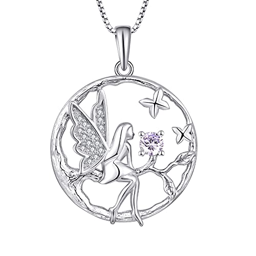 FJ Schutzengel Halskette Anhänger 925 Sterling Silber Engel Kette Damen Fee Schmetterling Baum des Lebens Halskette Alexandrit Juni Geburtsstein Kette Schmuck Geschenke für Frauen Mädchen von FJ