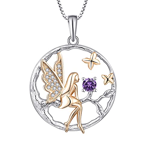 FJ Schutzengel Halskette Anhänger 925 Sterling Silber Engel Kette Damen Fee Schmetterling Baum des Lebens Halskette Amethyst Februar Geburtsstein Kette Schmuck Geschenke für Frauen Mädchen von FJ