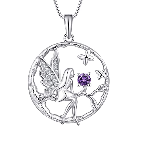 FJ Schutzengel Halskette Anhänger 925 Sterling Silber Engel Kette Damen Fee Schmetterling Baum des Lebens Halskette Amethyst Februar Geburtsstein Kette Schmuck Geschenke für Frauen Mädchen von FJ