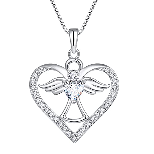 FJ Herz Schutzengel Kette Damen 925 Sterling Silber Engel Engelsflügel Halskette Anhänger Weiß Zirkonia April Geburtsstein Kette Schmuck Geschenke für Frauen Mädchen von FJ