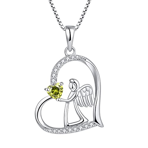 FJ Herz Schutzengel Kette Damen 925 Sterling Silber Engel Anhänger Engelsflügel Halskette August Geburtsstein Peridot Kette Schmuck Geschenke für Frauen Mädchen von FJ