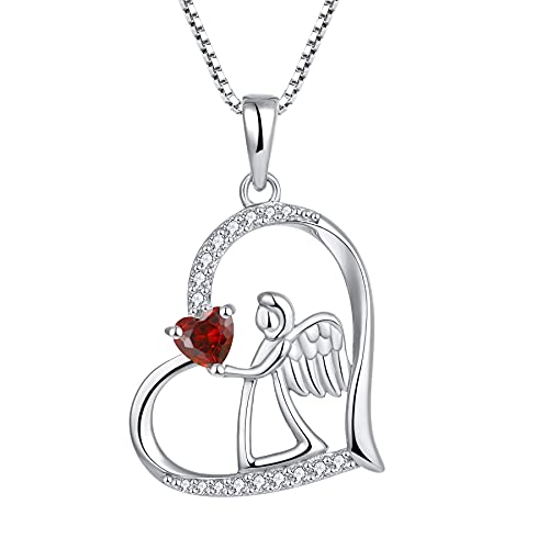 FJ Herz Schutzengel Kette Damen 925 Sterling Silber Engel Anhänger Engelsflügel Halskette Januar Geburtsstein Granat Kette Schmuck Geschenke für Frauen Mädchen von FJ