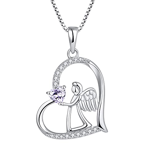 FJ Herz Schutzengel Kette Damen 925 Sterling Silber Engel Anhänger Engelsflügel Halskette Juni Geburtsstein Alexandrit Kette Schmuck Geschenke für Frauen Mädchen von FJ