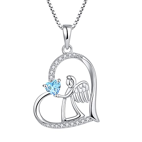 FJ Herz Schutzengel Kette Damen 925 Sterling Silber Engel Anhänger Engelsflügel Halskette März Geburtsstein Aquamarin Kette Schmuck Geschenke für Frauen Mädchen von FJ