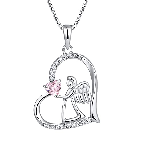 FJ Herz Schutzengel Kette Damen 925 Sterling Silber Engel Anhänger Engelsflügel Halskette Oktober Geburtsstein Rosa Turmalin Kette Schmuck Geschenke für Frauen Mädchen von FJ