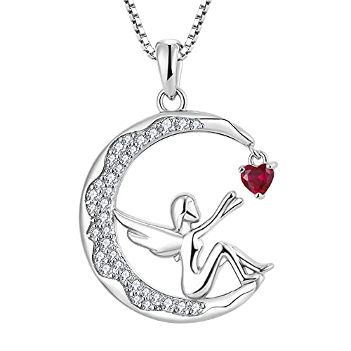 FJ Schutzengel Kette Damen 925 Sterling Silber Engel Anhänger Halskette Mond Kette Rubin Juli Geburtsstein Kette Engel Schmuck Geschenke für Frauen Mädchen von FJ