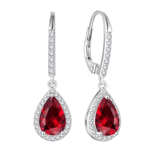 FJ Tropfen Hängend Ohrringe Damen 925 Sterling Silber Rubin Ohrringe Juli Geburtsstein Schmuck Geschenke für Frauen Mutter Freundin Mama von FJ