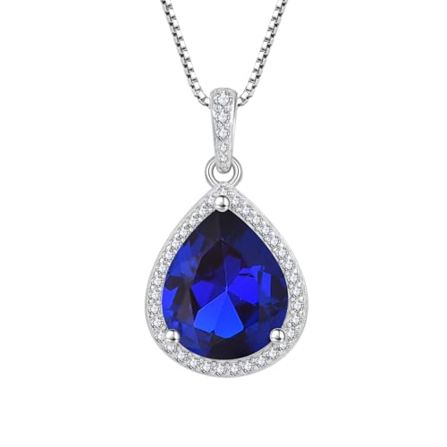 FJ Kette Damen 925 Sterling Silber Blau Saphir Halskette September Geburtsstein Kette Tropfen Birnenförmige Anhänger Schmuck Geschenke für Frauen von FJ