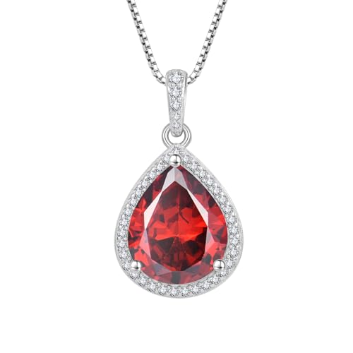 FJ Kette Damen 925 Sterling Silber Granat Halskette Januar Geburtsstein Kette Tropfen Birnenförmige Anhänger Schmuck Geschenke für Frauen von FJ