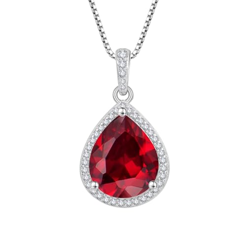 FJ Kette Damen 925 Sterling Silber Rubin Halskette Juli Geburtsstein Kette Tropfen Birnenförmige Anhänger Schmuck Geschenke für Frauen von FJ
