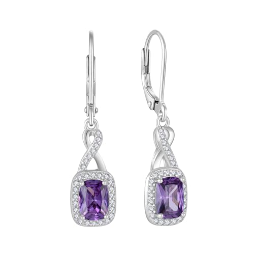 FJ Unendlichkeit Hängend Ohrringe Damen 925 Sterling Silber Prinzessschliff Quadrat Amethyst Ohrringe Februar Geburtsstein Schmuck Geschenke für Frauen von FJ