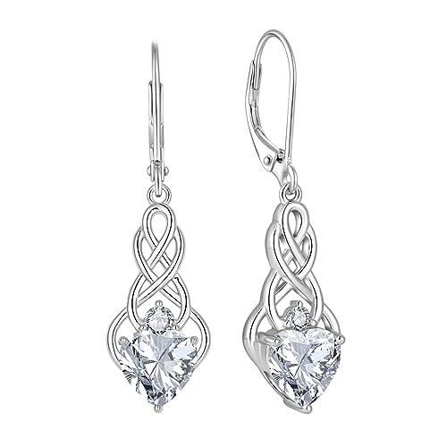 FJ Unendlichkeit Keltischer Knoten Ohrringe Damen 925 Sterling Silber Hängend Leverback Zirkonia CZ Ohrringe mit April Geburtsstein Irischer Glücksschmuck Geschenke für Frauen von FJ