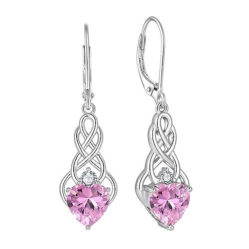 FJ Unendlichkeit Keltischer Knoten Ohrringe Damen 925 Sterling Silber Hängend Ohrringe Rosa Turmalin Oktober Geburtsstein Ohrringe Irischer Glücksschmuck Geschenke für Frauen von FJ