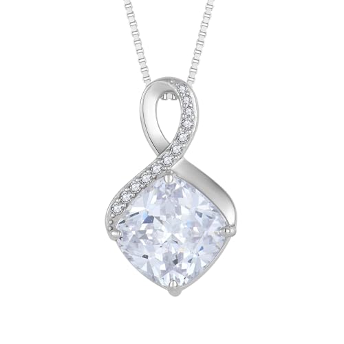 FJ Unendlichkeit Kette Damen 925 Sterling Silber Quadrat Prinzessschliff Halskette Anhänger mit Zirkonia April Geburtsstein Schmuck Geschenke für Frauen von FJ