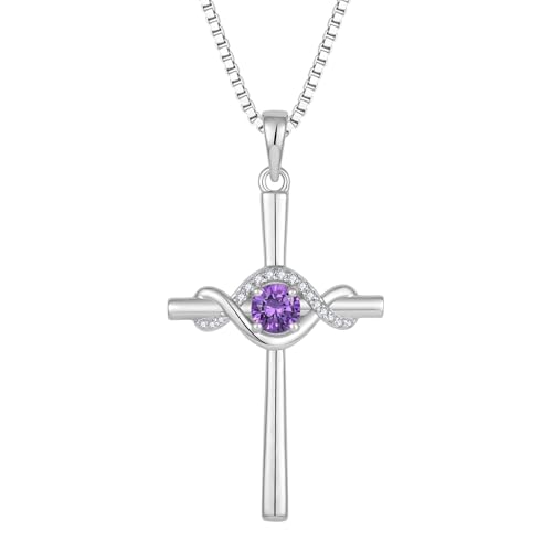 FJ Unendlichkeit Kreuz Kette Damen 925 Sterling Silber Amethyst Halskette Anhänger Februar Geburtsstein Schmuck Geschenke für Frauen von FJ