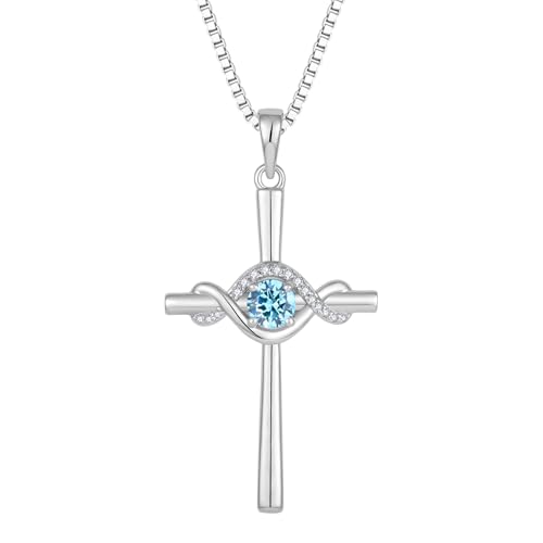 FJ Unendlichkeit Kreuz Kette Damen 925 Sterling Silber Aquamarin Halskette Anhänger März Geburtsstein Schmuck Geschenke für Frauen von FJ