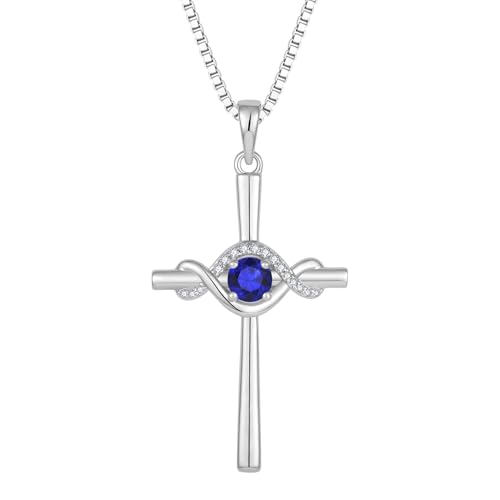 FJ Unendlichkeit Kreuz Kette Damen 925 Sterling Silber Saphir Halskette Anhänger September Geburtsstein Schmuck Geschenke für Frauen von FJ