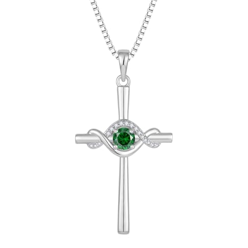 FJ Unendlichkeit Kreuz Kette Damen 925 Sterling Silber Smaragd Halskette Anhänger Mai Geburtsstein Schmuck Geschenke für Frauen von FJ