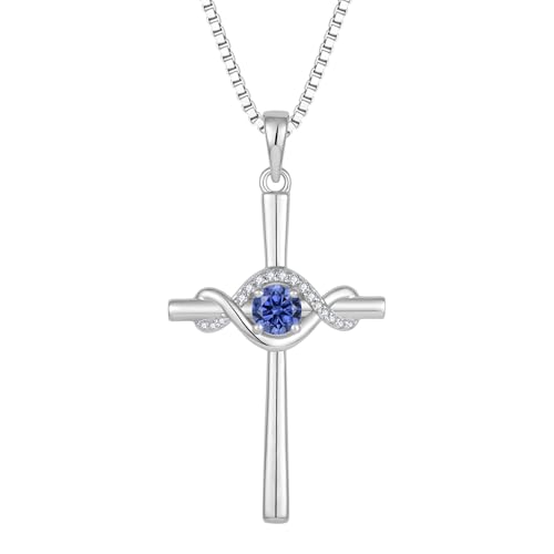 FJ Unendlichkeit Kreuz Kette Damen 925 Sterling Silber Tansanit Halskette Anhänger Dezember Geburtsstein Schmuck Geschenke für Frauen von FJ
