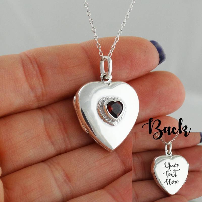 Gravierte Sterling Silber Herz Locket Halskette Mit Rotem Glasstein - Personalisierte Medaillon 18 "Kette von FJ4LifeCreations