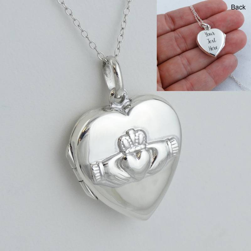 Personalisierte Sterling Silber Claddagh Herz Locket Halskette - Individuell Gravierter Anhänger Mit 18 "Kette." von FJ4LifeCreations
