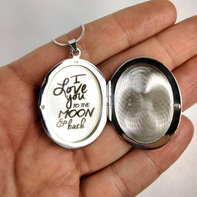 sterling Silber Foto Medaillon Mit Gravur - Großer Oval Anhänger 45 cm Kette von FJ4LifeCreations