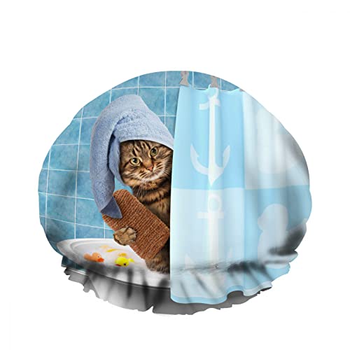 Braune Katze Badekappen Duschhut Lustige Katze mit Duschhaube Cartoon Ente Spielzeug in Badewanne Bad Haar Hut Wasserdicht für Frauen Damen Spa Salon Muttertag Geschenke von FJAUOQ