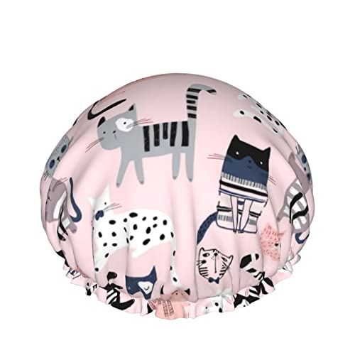 Duschhaube,Art Cat Pink,wiederverwendbare Bade-Duschhauben für Frauen mit langem Haar,doppellagiger,wasserdichter Bade-Duschhut,Haarschutz für Kinder,Mädchen und Frauen,1 Packung von FJAUOQ