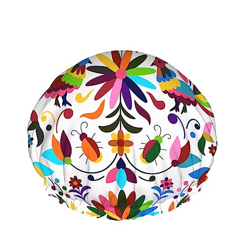 Duschhaube für Frauen, mexikanische Otomi Vogel, Blume, Boho, bunt, doppellagig, wasserdicht, wiederverwendbar, Duschhut, Badekappe, Duschkappen von FJAUOQ