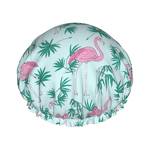 Duschhaube mit Flamingo-Vögeln, große Duschhauben für Damen, langes Haar, wiederverwendbar, doppelte wasserdichte Schichten, Bade-Duschhut von FJAUOQ