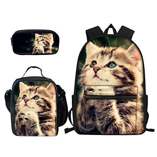 FJAUOQ 3-teiliger Schulrucksack mit Katzen-Motiv, mit Lunch-Tasche, Federmäppchen für Kinder, Jungen, Mädchen, Katze, Einheitsgröße, Rucksack Rucksäcke von FJAUOQ