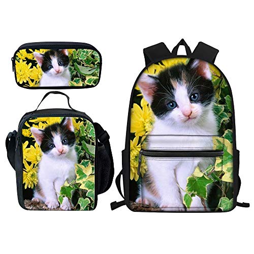 FJAUOQ 3-teiliger Schulrucksack mit Katzen-Motiv, mit Lunch-Tasche, Federmäppchen für Kinder, Jungen, Mädchen, Katze B, Einheitsgröße, Rucksack Rucksäcke von FJAUOQ