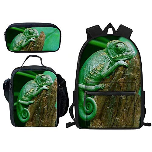 FJAUOQ 3-teiliger Schulrucksack mit Katzen-Motiv, mit Lunch-Tasche, Federmäppchen für Kinder, Jungen, Mädchen, chameleon, Einheitsgröße, Rucksack Rucksäcke von FJAUOQ