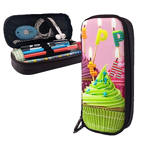 FJAUOQ Buntes Federmäppchen aus Leder mit Cupcake-Motiv "Happy Birthday", großes Fassungsvermögen, tragbares Federmäppchen mit Reißverschluss für Büro-Organizer, Schwarz , Einheitsgröße, Federmäppchen von FJAUOQ