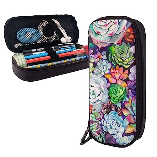 FJAUOQ Buntes Sukkulenten-Federmäppchen, großes Fassungsvermögen, Leder-Federmäppchen, tragbares Federmäppchen mit Reißverschluss, für Büro-Organizer, Schwarz , Einheitsgröße, Federmäppchen von FJAUOQ