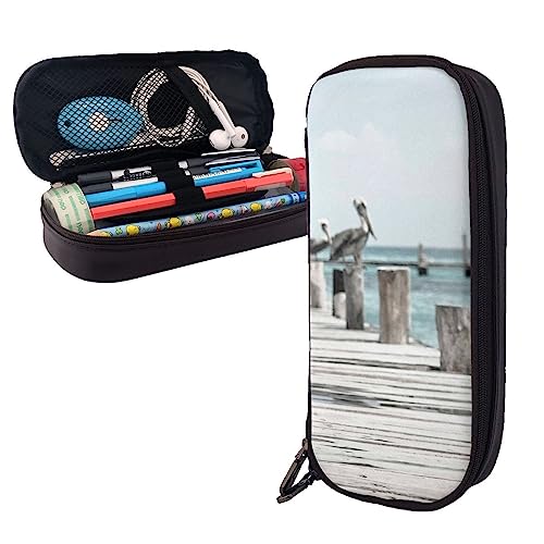 FJAUOQ Coast Bird Federmäppchen, großes Fassungsvermögen, Leder-Federmäppchen, tragbares Federmäppchen mit Reißverschluss für Büro-Organizer, Schwarz , Einheitsgröße, Federmäppchen von FJAUOQ