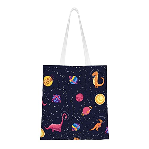 FJAUOQ Dinosaurier-Canvas-Tragetaschen für Frauen, wiederverwendbare Einkaufstaschen, Reisetaschen für Arbeit, Reisen, Einkaufen, Dino im Weltraum 2, Einheitsgröße, Canvas & Beach Tote Bag von FJAUOQ