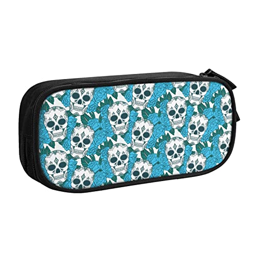 FJAUOQ Federmäppchen Flowers with Skulls Pencil Case Compartments Pen Pouch Box Multifunctional Makeup Bag Holder Large Storage Stationery Organizer with Zipper for Office Travel von FJAUOQ