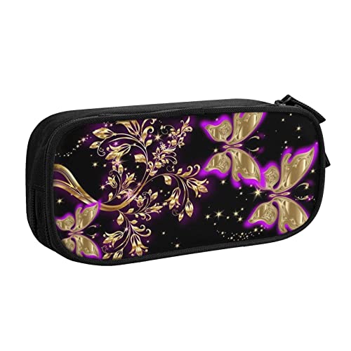 FJAUOQ Federmäppchen Golden Purple Butterfly Pencil Case Compartments Pen Pouch Box Multifunctional Makeup Bag Holder Large Storage Stationery Organizer with Zipper for Office Travel von FJAUOQ